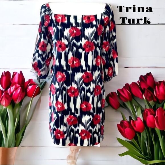 TRINA TURK NWT OFF THE SHOULDER PINK EMBROIDERY FLORAL SHIFT DRESS NAVY BELL SM - Picture 1 of 11
